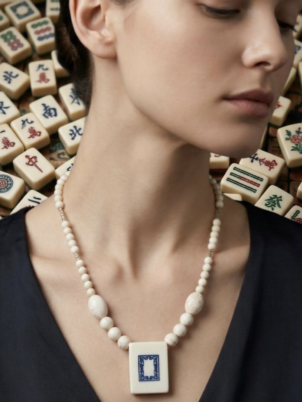 Mahjong Lovers New W 6/21" Adj Hoelite Beaded White Dragon Necklace